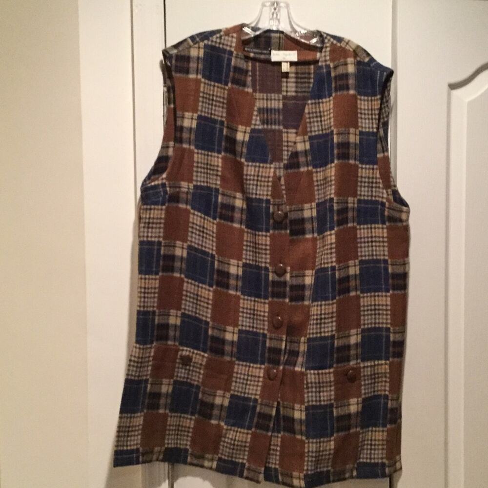 Ulla pompkin 16 blue brown patchwork wool vest wood grain buttons vintage euc